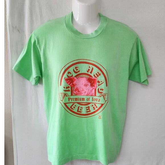 Vtg 1990's Hog Head Premium Beer Lime Green Short Sleeved T-shirt Men's Size LG - Picture 1 of 9